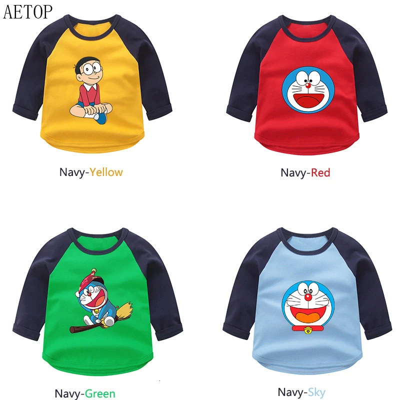 Doraemon, летние топы с круглым вырезом для мальчиков и девочек, цветная футболка с длинными рукавами Детская футболка с рисунком для малышей