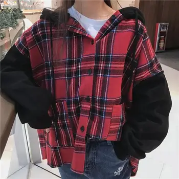 

Women Korean Style Batwing Sleeve Plaid Hooded Sweatshirts Casual Patchwork Thicker Students Sweatshirts