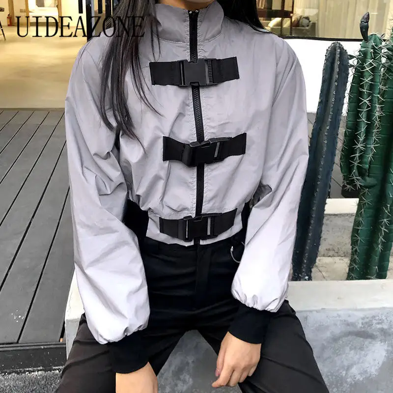 

Female Hip Hop Reflective Crop Jacket Streetwear Buckle Patchwork Winter Jackets Zipper Up Long Sleeve Short Coats Women