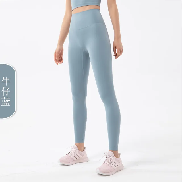 High Waisted Naked Feeling Yoga Pants Push Up Soft Gym Full Length Leggings Women Fitness Running Nylon Elasticity Sport Pants Denim Blue