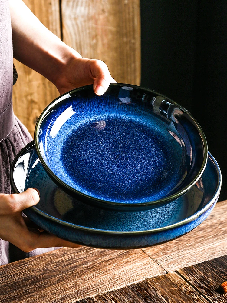 

1PC Japanese Ceramic Plate Household Glaze Dee Plate Kiln Large Plate Dish Soup Steak Plate Deep Dinner Plate Tableware