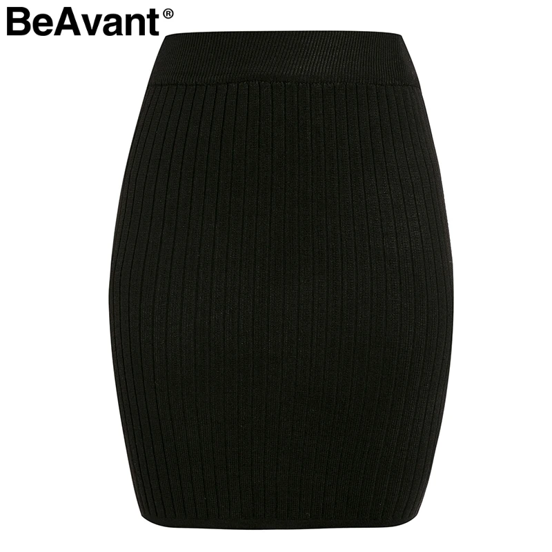 BeAvant Элегантная трикотажная юбка с эластичной резинкой, Женская однотонная короткая мини-юбка в рубчик, праздничная одежда юбка, осенне-зимняя теплая прямая юбка - Цвет: Черный