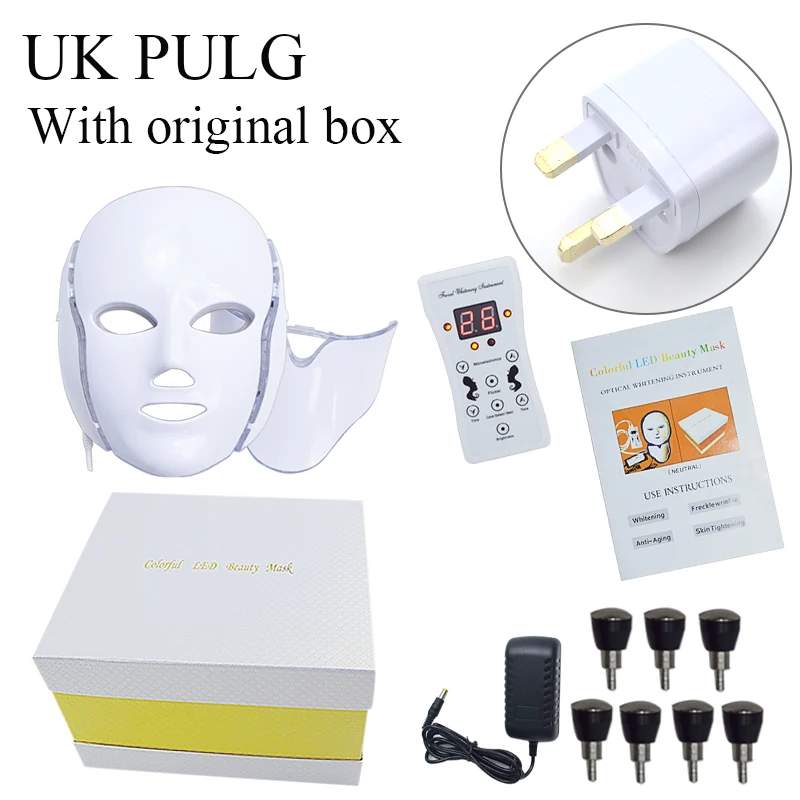 with gift box UK Licheng, 7 цветов, светодиодный светильник, терапия акне, маска для шеи, светодиодная маска для красоты, фотон, Корейская светодиодная маска для ухода за кожей - Цвет: with gift box UK