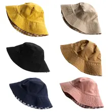 Японская женская летняя Двусторонняя Панама, милая клетчатая Солнцезащитная Складная Повседневная шапка для отдыха в рыбацком стиле