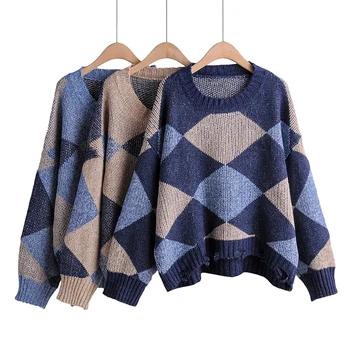 

2019 New Autumn Winter Women Sweater O-neck Knitted Plaid Pattern Casual Pullover Female Sweaters