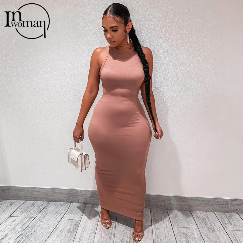 Inwoman Ribbed Knitted Summer Black White Maxi Dress Women 2021 Sexy Party Bodycon Long Dress Sundress Ladies Brown Wrap Dresses red dress