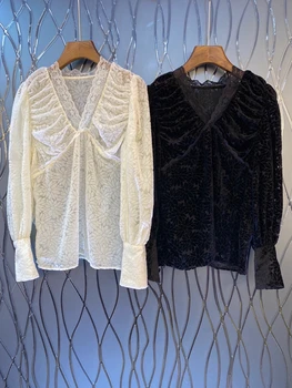 

2020 Early Autumn New Women's Collar Lace Wrinkled Solid Color Stitching Decorations Long Sleeve All-match Shirt 802
