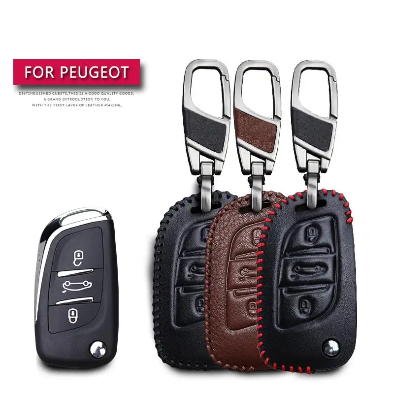 Leather Car Key Case Cover For Peugeot 207 407 406 307 308 3008 Protection Key Shell Skin Bag