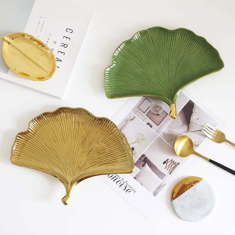  Luxury Ginkgo Leaf Shaped Ceramic Plate Fruit Dessert Snack Candy Tray Jewelry Trinket Organizer Holder Porcelain Food Dish | Дом и сад