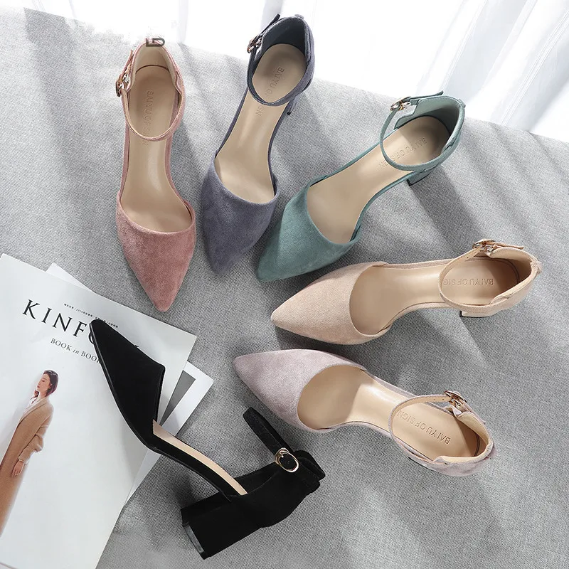 Pumps-Shoes Sandals Heeled Ankle-Strap Square Faux-Suede Women Pointed-Toe Office Female