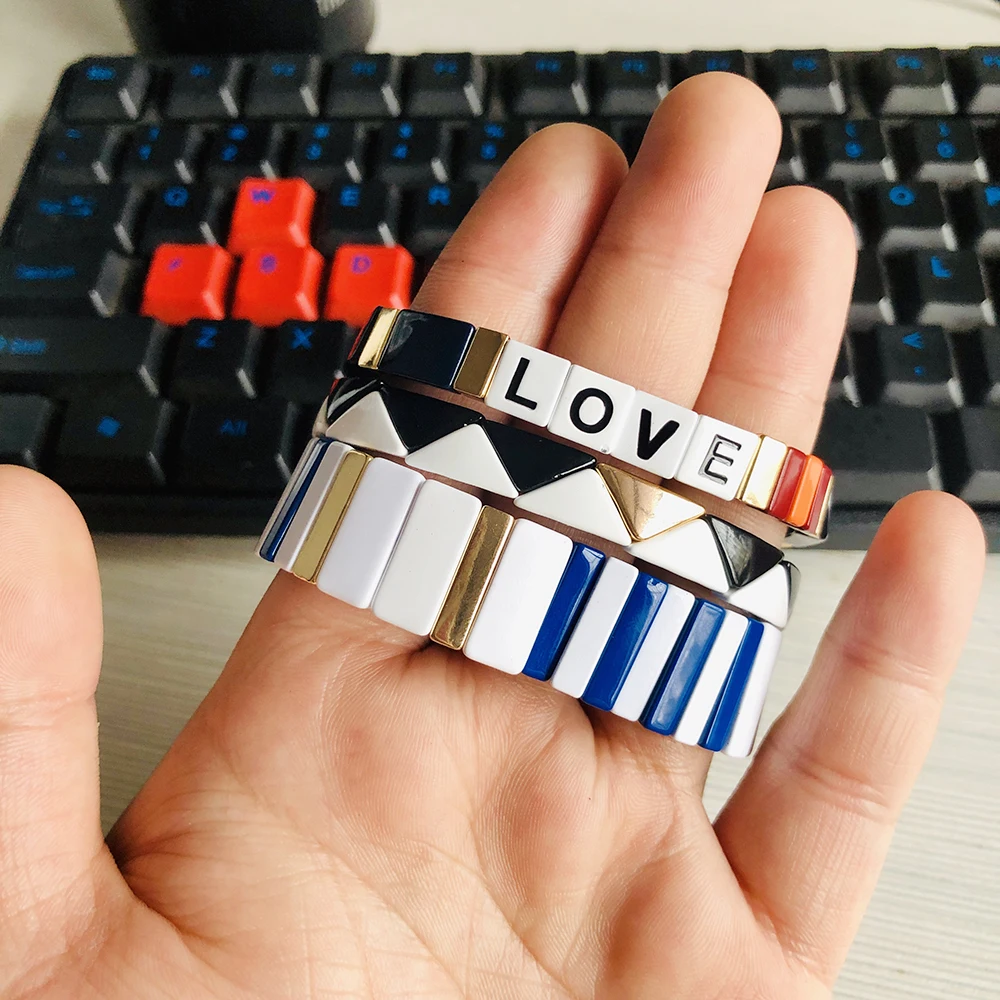 

Enamel Stretch Bracelets for Women Stacking Casual Bracelet Tide Brand Customer Customize Diy Rainbow Tile Beads Bracelet