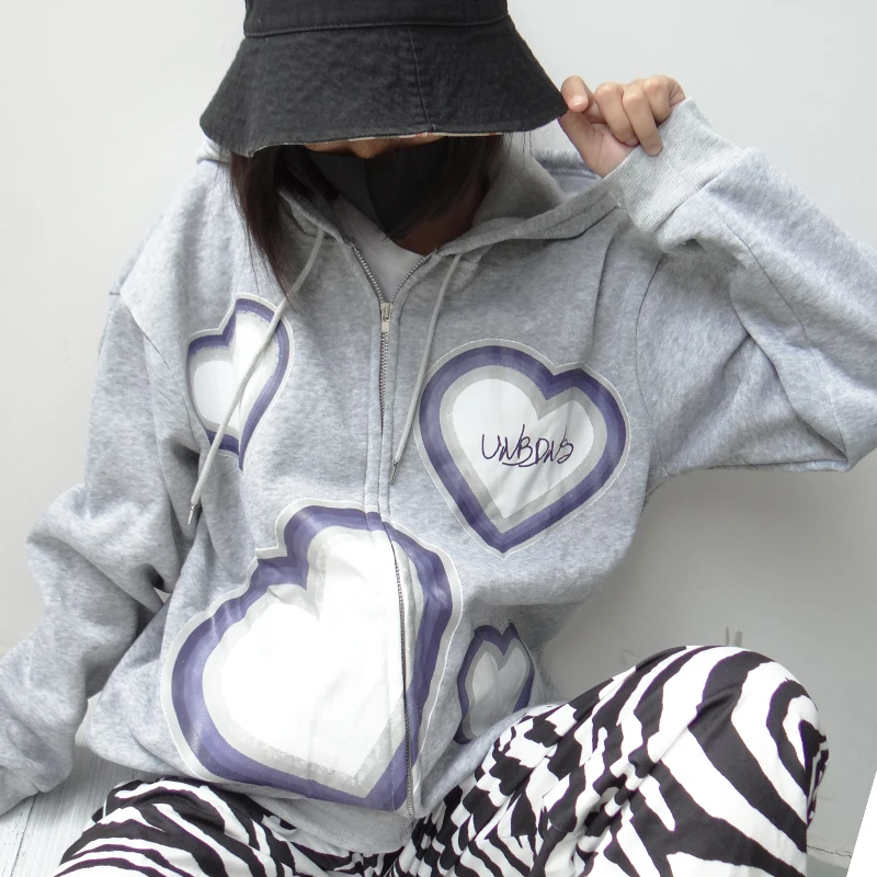 

Punk Love Graphic Print Zipper Hoodie Vintage Gray Oversized Coat Sweatshirt 90s Streetwear Clothes Vintage Hooded Jacket Top