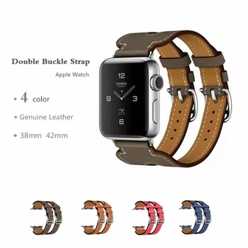

Genuine Leather double buckle cuff band For Apple Watch 42mm 38mm bracelet Leather Strap watchband men smart watch strap