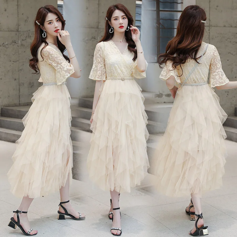 

French Platycodon Grandiflorum Skirt Elegant Slimming Very Fairy of France Non-mainstream fu gu qun Immortal over-the-Knee V-nec