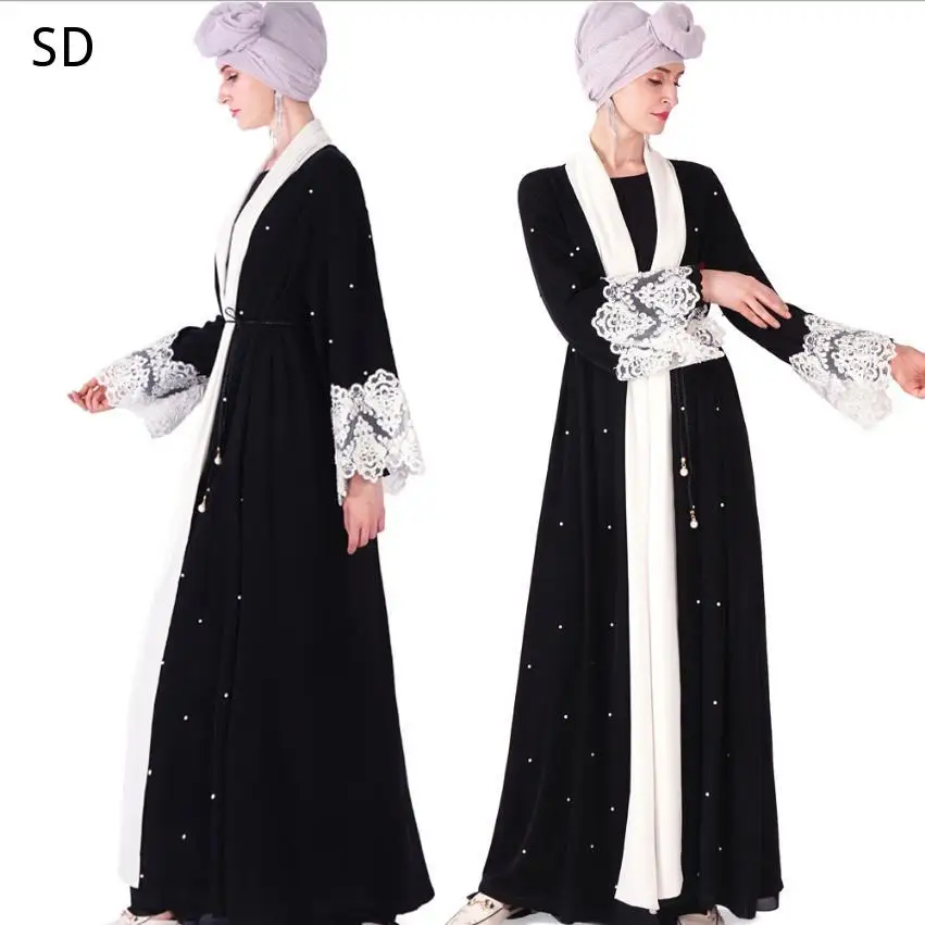 

Muslim Front Open Abaya Robes Syari Dubai Fashion Muslim Full Length Cardigan Lace Abaya Dress Service Abayas