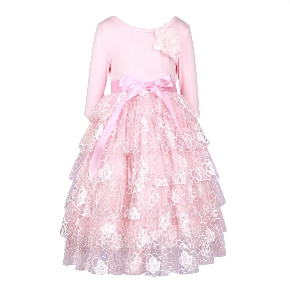 Flofallzique/платья с длинными рукавами для девочек с цветочным декором и бантом на поясе; сезон осень-зима; Повседневная милая детская одежда - Цвет: pink