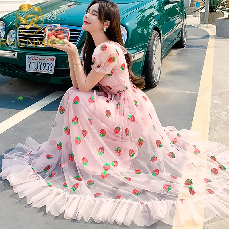 New Summer Strawberry Sequined Embroidery Ruffles Sweet Maxi Dress Women V-neck Puff Sleeve Bow Tulle big Swing Long Dress New Summer Strawberry Sequined Embroidery Ruffles Sweet Maxi Dress Women V-neck Puff Sleeve Bow Tulle big Swing Long Dress