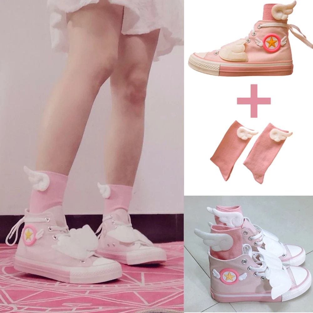 

Anime Cardcaptor Sakura Magic Girl KINOMOTO SAKURA Cosplay Shoes Card Captor Board shoes Pink Cute Sneakers With Socks Free Ship