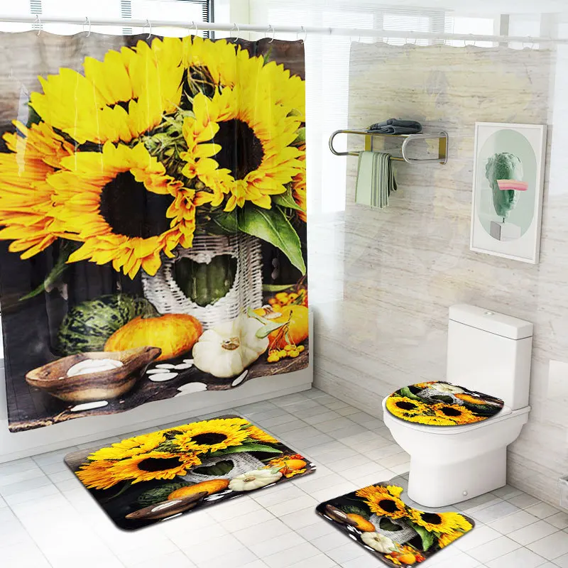 Zeegle Sun Flower Bath Mat Set Shower Curtain Set with Hooks Washable Toilet Foot Rug Lid Toilet Cover Mat Bathroom Entrance Mat