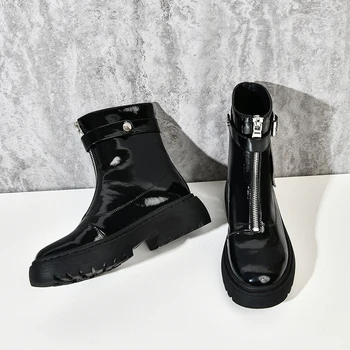 

Genuine Leather Women Ankle Boots Winter Chunky high Heels Female Motorcycle Short Boots Platform Party Shoes Woman