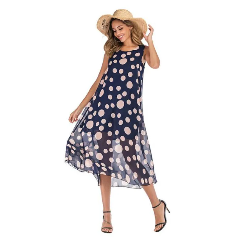 2020 Fashion Women Print Boho Floral Long Mid Dress Sleeveless Evening Party Summer Beach Sundress Robe