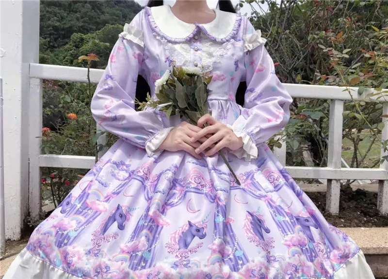Unicorn Fairy Kei милое женское платье в стиле Лолиты, платье с длинными рукавами, платье с воротником в стиле Питера Пэна, цельное фиолетовое платье