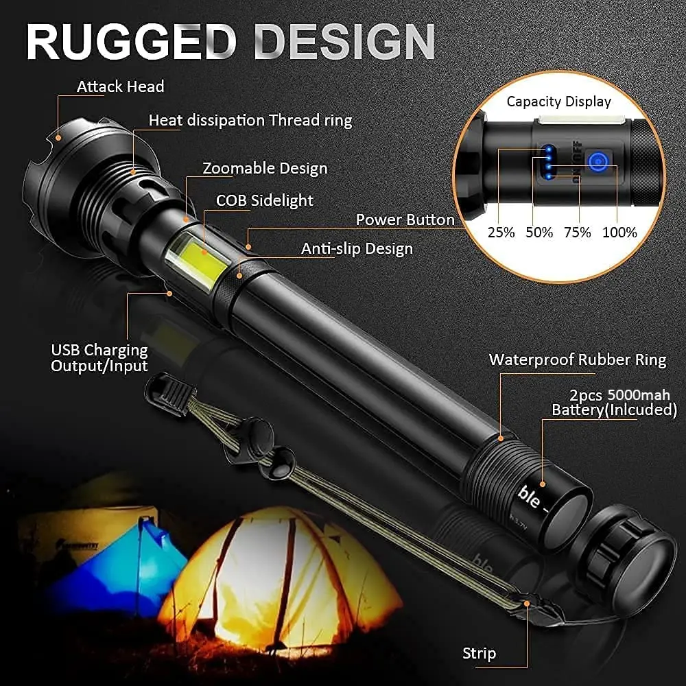 Rechargeable Flashlight 90000 Lumens Led Flashlight Upgraded P70 7 Modes Lighting Zoomable for Outdoor Emergency