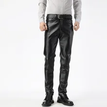 Мужские брюки повседневные обтягивающие брюки из искусственной кожи локомотивные Брюки повседневные тонкие теплые водонепроницаемые мужские черные брюки