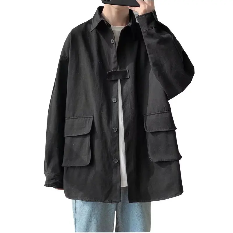 Long-sleeved Shirts Men Harajuku Korean Style Casual Single Breasted Streetwear Turn Down Neck 3XL