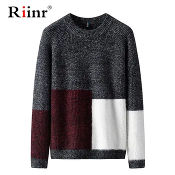 

Riinr 2019 Autumn Winter Warm Sweaters Casual Hit Color Patchwork O-neck Pullover Men Brand Slim Fit Sweater M-3XL