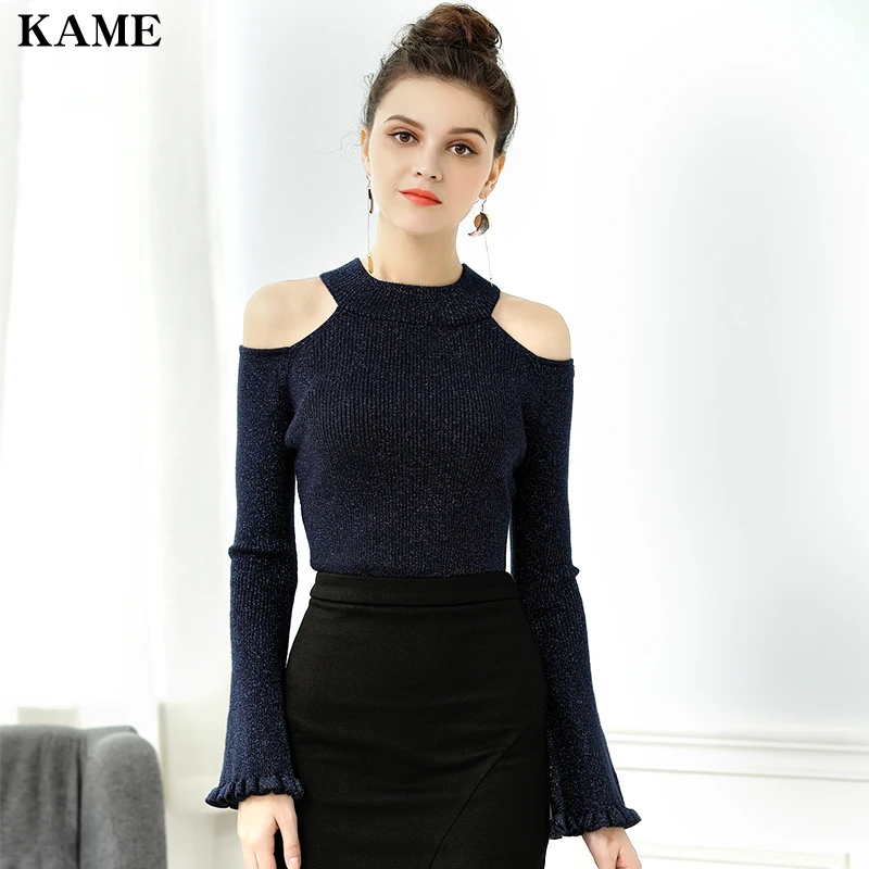 

Fashion Off Shoulders Women Sweater Flared Long Sleeve Top Ladies New 2019 Winter Warm Thicken Bottoming Shirt Knitted Pullovers