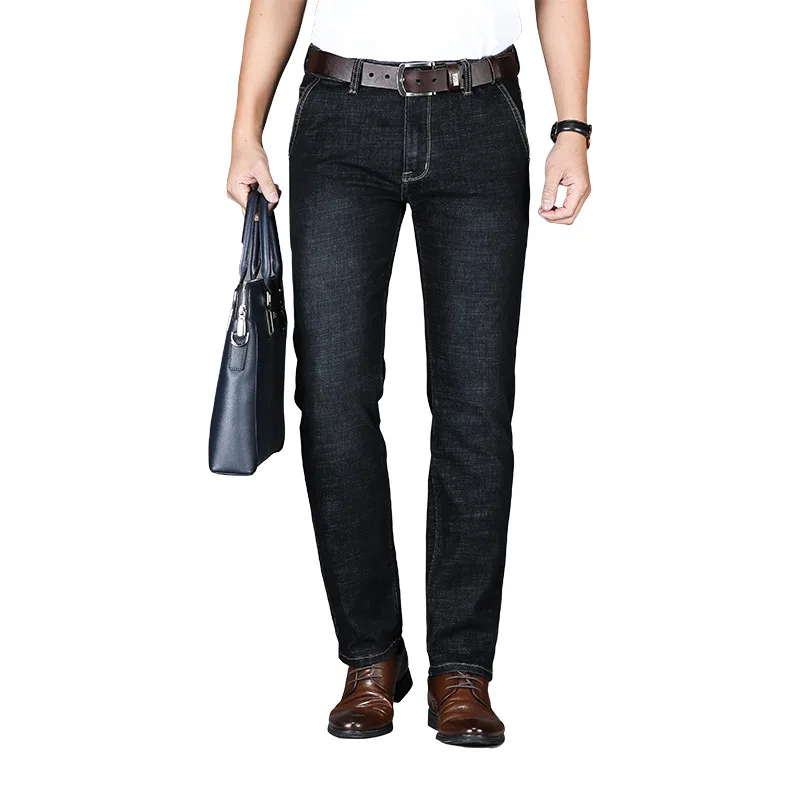 Брендовые мужские джинсы, Осенние Стрейчевые Узкие повседневные деловые прямые джинсовые брюки, мужские классические брюки из хлопка, синие и черные джинсы
