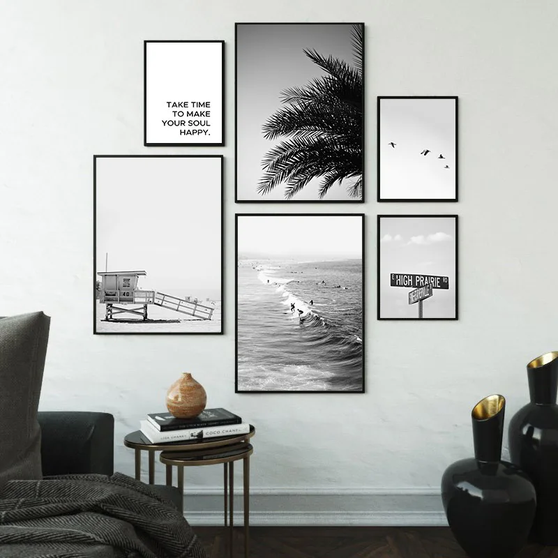 

Scandinavian Poster Black White Nordic Style Wall Art Canvas Print Sea Beach Painting Landscape Tropical Decoration Picture