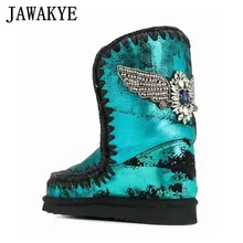 Зимние сапоги на натуральном меху; цвет серый, черный; стразы; крылья; плоская подошва; Шерсть; зимняя обувь; женские ковбойские ботильоны со стразами; botas mujer