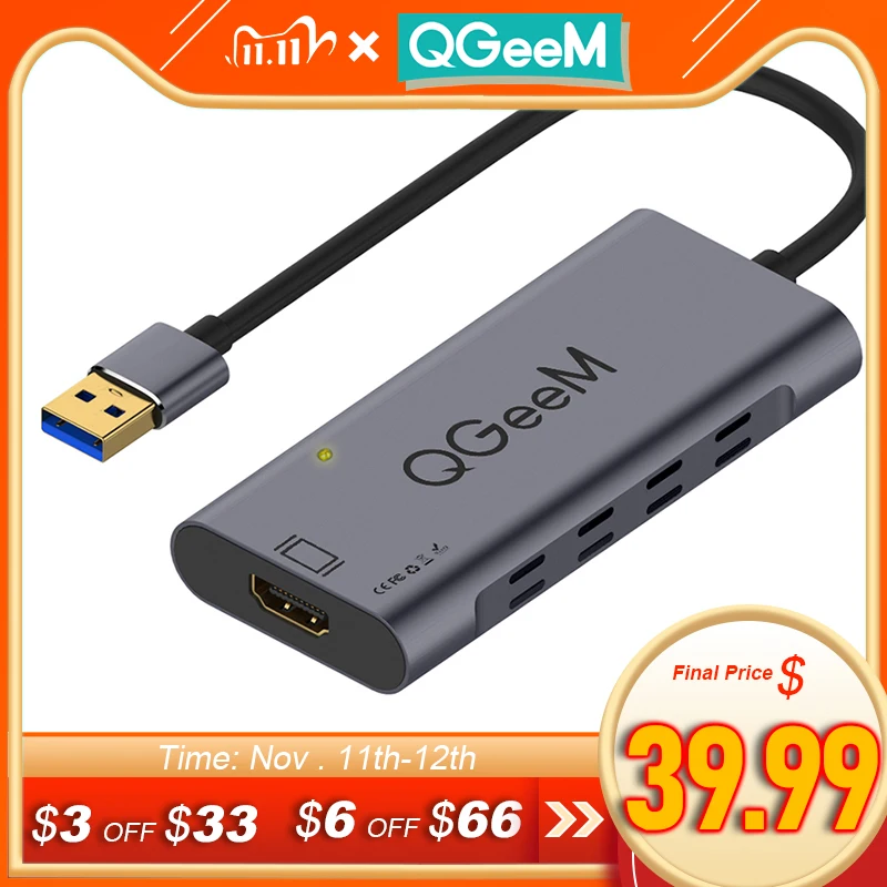 

QGeeM USB3.0 to HDMI DVI Adapter Hub for Laptop PC Computer Accessaries Projector TV USB HUB 3.0 2K 60Hz HDTV Video Converter