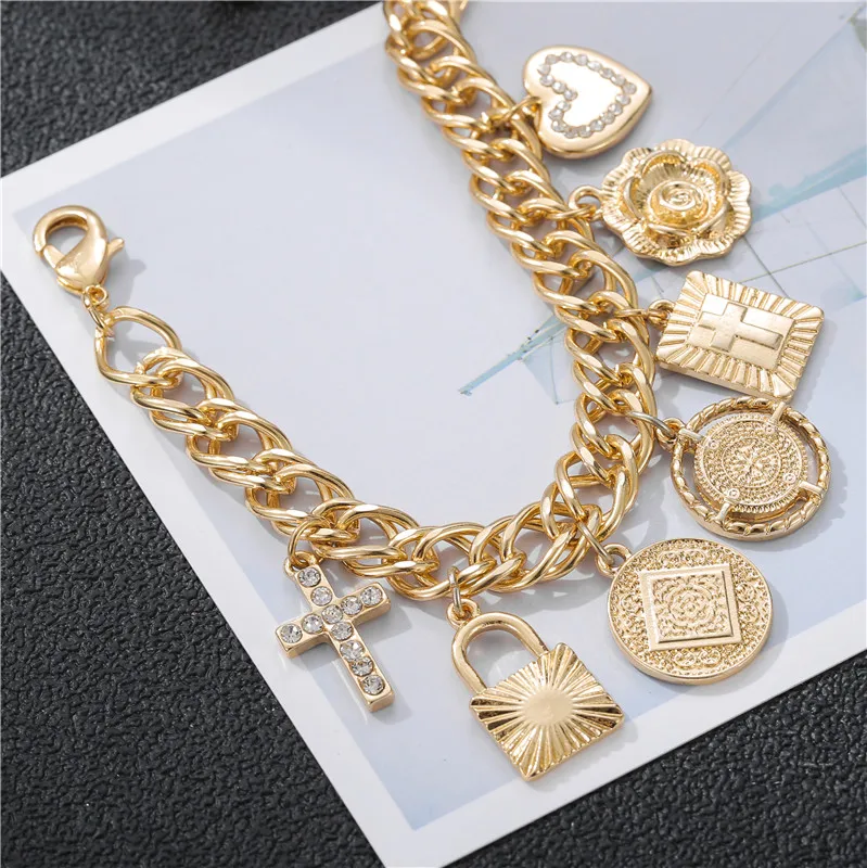 

2019 New Woman Boho Bracelets Mulitlayer Gold Chain Crystal Cross Coin Lock Flowers Heart Charm Bracelets & Bangles For Women