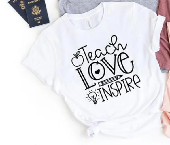 

Teach Love Inspire Back To School Kindergarten Teacher Funny 100%cotton crewneck short sleeve cute fashion top women plus size
