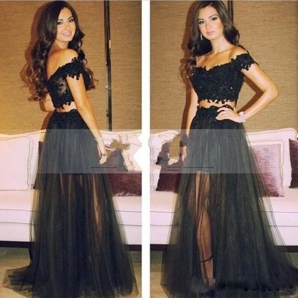 

robe de soiree Fashionable Two Piece Long Prom gown 2018 Sweetheart Off Shoulder Black Tulle Sexy Party bridesmaid dresses