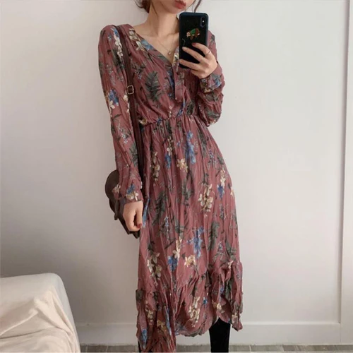 Skup Wysokiej jakości koreański styl sukienka szyfonowa damska plisowana Hem sukienka maxi z długim rękawem kwiaty drukowanie Chic Lady ubrania imprezowe