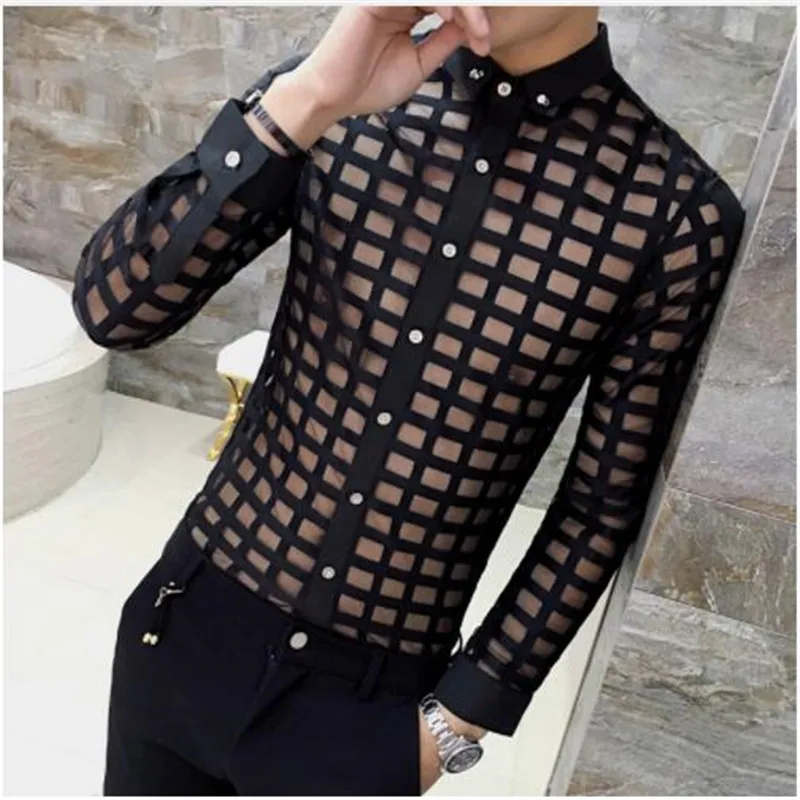 Прозрачная рубашка для мужчин Прозрачная облегающая рубашка Camisa клетчатая рубашка белая черная кружевная Сексуальная рубашка для выпускного вечера вечерние Клубные наряды - Цвет: 2