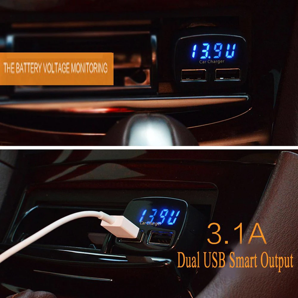 Зарядное устройство для автомобиля с двумя USB портами, измерением температуры, вольтметром и амперметром(4 в 1