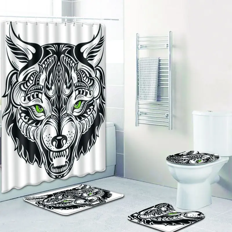 WD37 Zeegle Printed Cartoon Bath Mat with Shower Curtain Set Anti Slip Pedestal Rug Lid Toilet Cover Waterproof Shower Curtain Set - Цвет: WD37
