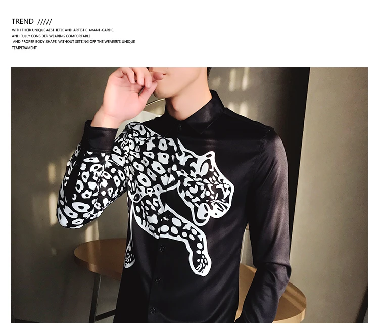 Модная винтажная рубашка с принтом животных MenCamisa Masculina Slim Fit для клубной вечеринки, выпускного вечера, мужская рубашка с принтом Chemise Homme
