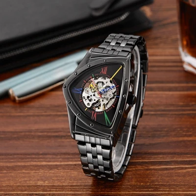 Black multicolor Мужские часы, полые треугольные механические часы из нержавеющей стали, мужские наручные часы, модный бренд, мужские часы, Прямая поставка - Цвет: Black multicolor