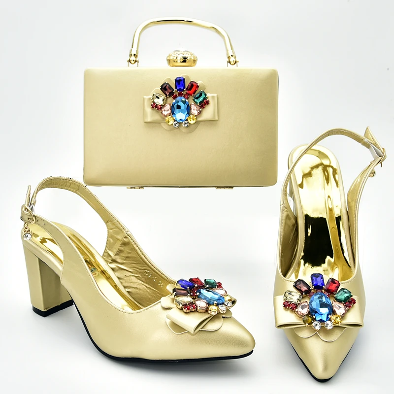 Новое поступление Элегантный комплект и итальянских туфель и сумочки для свадьбы женские итальянский комплект из обуви и сумки, украшенные Стразы - Цвет: Золотой