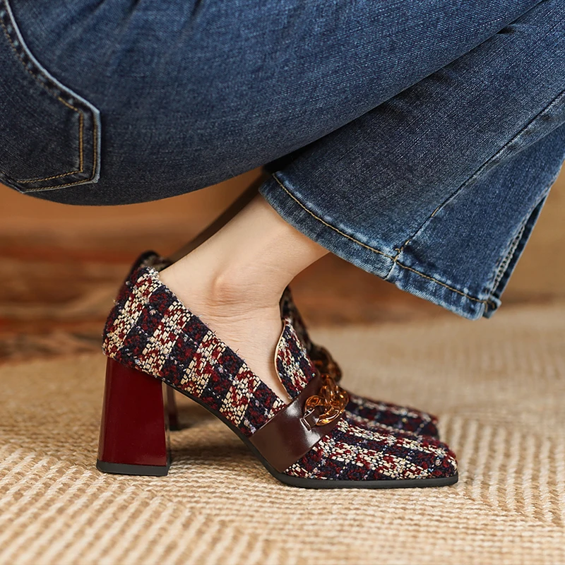 

Туфли MEZEREON женские на высоком каблуке 7 см, винтажные Элегантные вязаные туфли-лодочки, без застежки, квадратный носок, дизайнерские современные