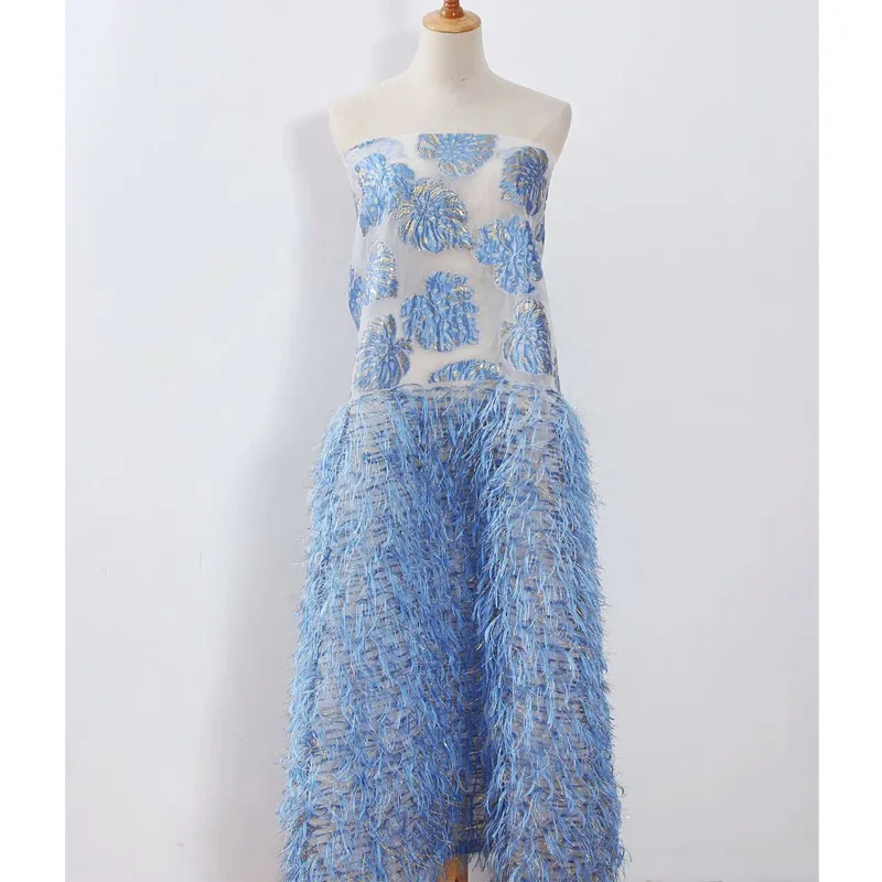 5 ярдов Горячая Распродажа Пряжа-окрашенная органза жаккардовая ткань парча кружева ткань для африканских женщин вечерние с кисточками отделка жаккардовая кружевная ткань