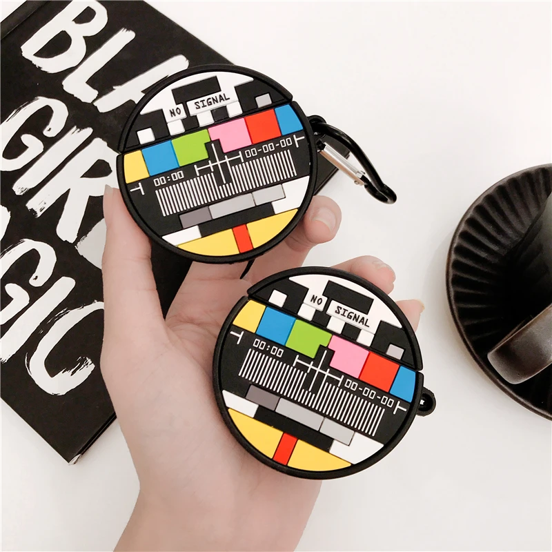 

3D TV Colorful Screen No Signal Earphone Silicone Case For AirPods 1 2 Bluetooth Headset Charging Box Protective Cover With Hook