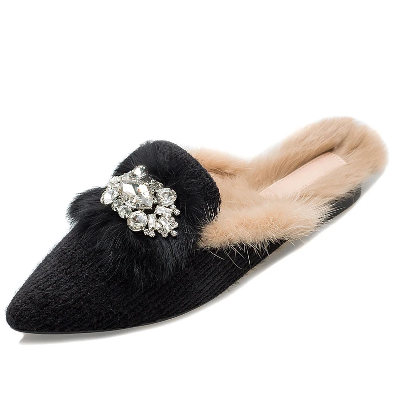 

Slippers Fur Shoes Women Slippers New Fashion Winter Wear Warm Plus Velvet Rhinestone Mules Shoes Flat-bottom Pointed Toe Head