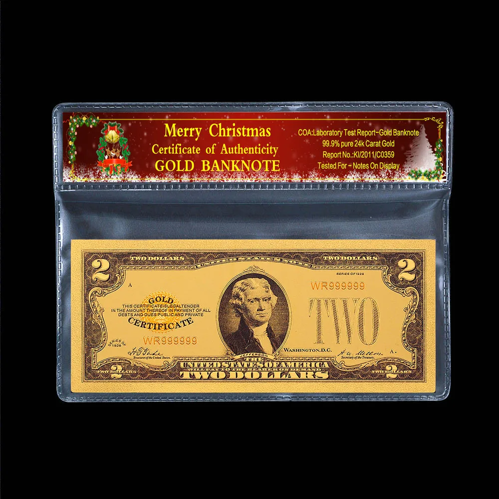 Wholesale 50pcs US $ 2 dollar Crafts Banknotes golden plastic paper money Beauty